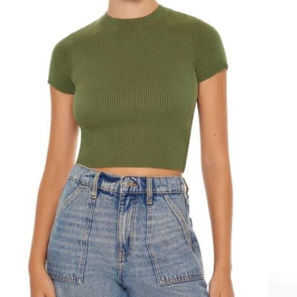 Olive Green Ribbed Knit Crop Top